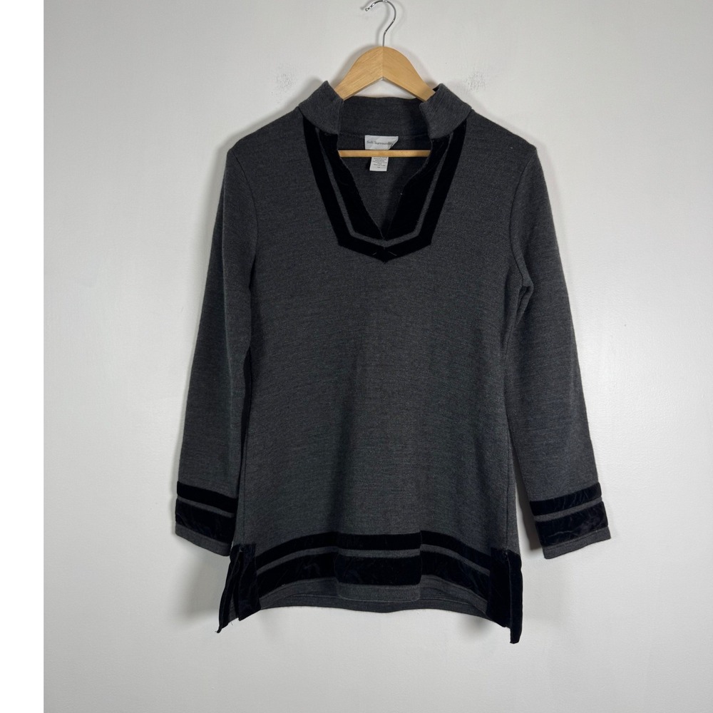 Quiet Luxury Soft Surroundings Womens Medium Tunic Sweater Grey Velvet Trim Wool